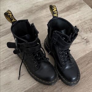 Dr. Martens Black Leather Boots with Yellow Stitching